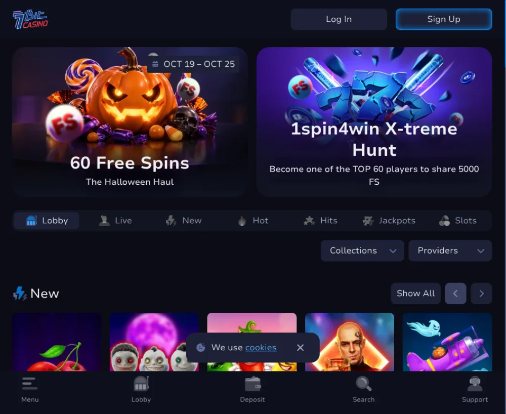 7Bit Casino homepage as it loads on a Canadian connection, showing Halloween free-spin banners and the game lobby
