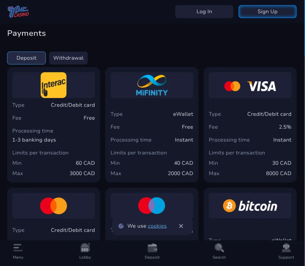 7Bit Casino cashier served to a Canadian connection, with Interac first and limits quoted in Canadian dollars