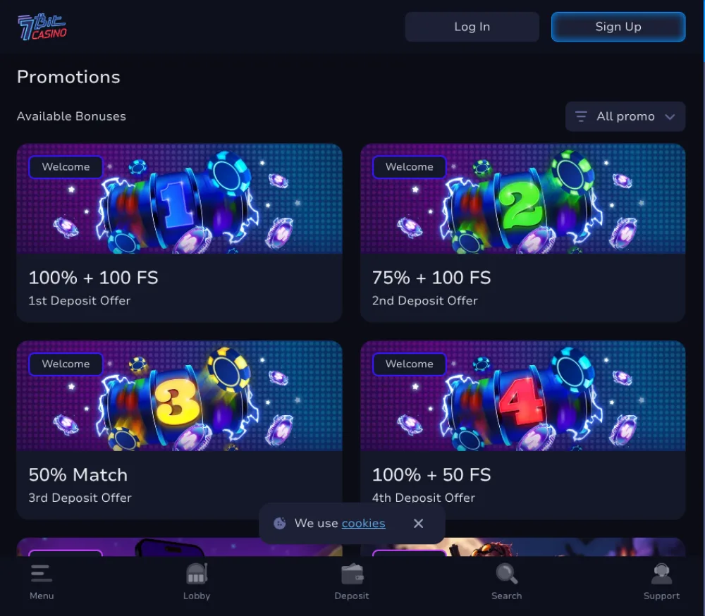 7Bit Casino promotions page served to a Canadian connection, listing the welcome and reload offers