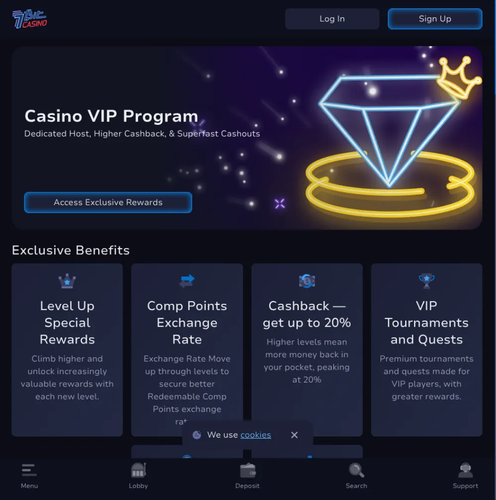 7Bit Casino VIP program page served to a Canadian connection, showing the exclusive benefits tiles